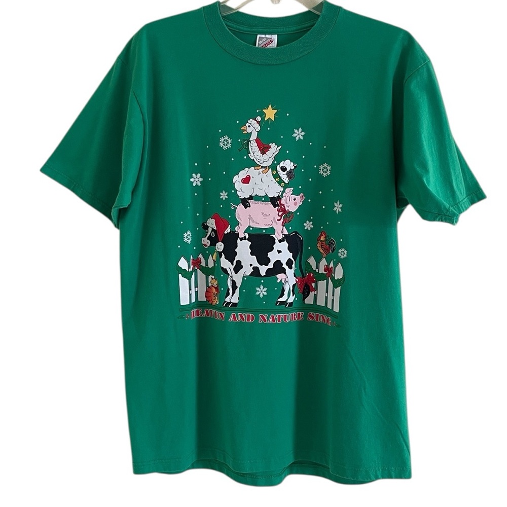 JERZEES CHRISTMAS FARM ANIMAL STACK TEE SHIRT Size L “HEAVEN and NATURE SING” - Picture 4 of 10